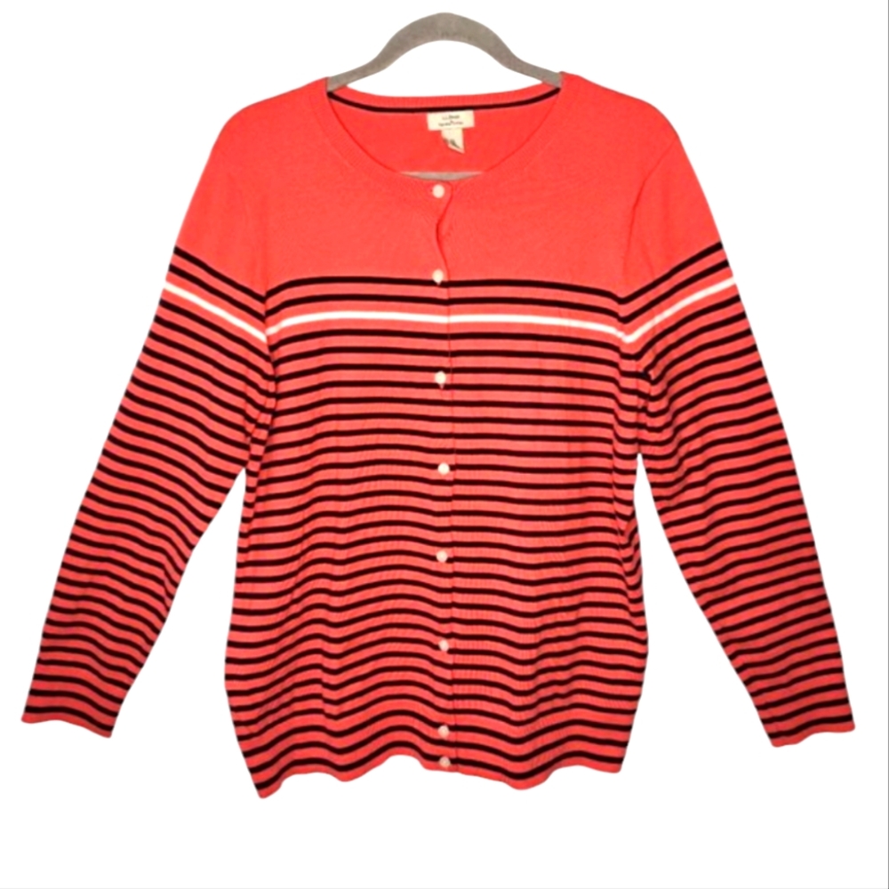 L.L. Bean Coral Pima Cotton Striped Button Down Cardigan Sweater Size XL